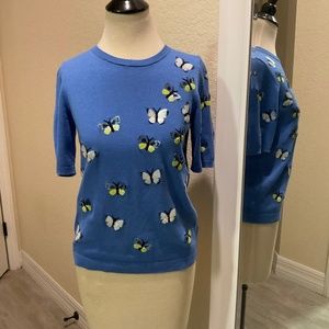 Talbots Sz M Petite Blue Knit Top with Sequin Butterflies